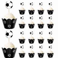 ZHIQIN Futbalová dekorácia na muffiny 24 ks – Futbalové napichovátka a košíčky na cupcakes na detskú narodeninovú oslavu a zdobenie torty, čierno-biela futbalová lopta 1