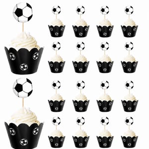 ZHIQIN dekoracija za nogometne muffine, 24 kom – Topperi i omoti za cupcakes za dječje rođendane i ukrašavanje torti, crno-bijela nogometna lopta