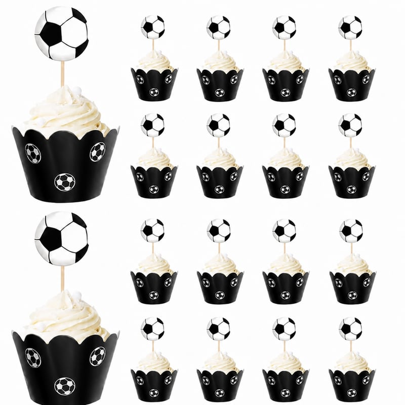 ZHIQIN Futbalová dekorácia na muffiny 24 ks – Futbalové napichovátka a košíčky na cupcakes na detskú narodeninovú oslavu a zdobenie torty, čierno-biela futbalová lopta