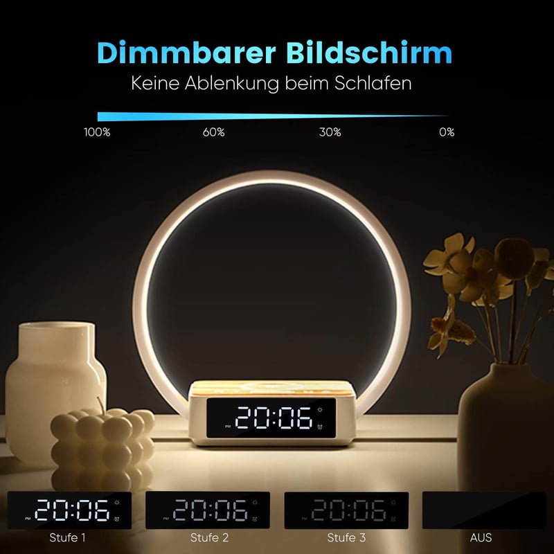 WILIT LED Éjjeli lámpa ébresztővel és vezeték nélküli töltővel, fa dizájn