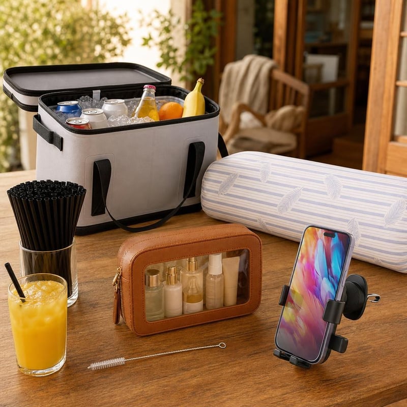 Set complet pentru călătorii: 100 paie + geantă frigorifică 20L + pernă gât 90cm + portfard + suport auto