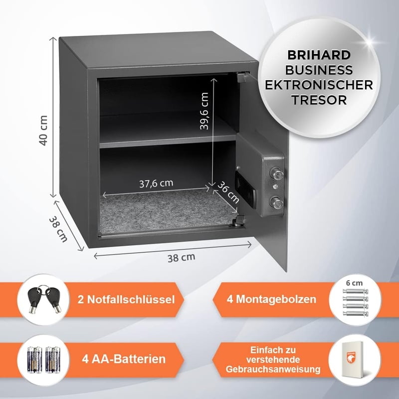 Brihard Business EL Elektronikus Széf - 57 Literes Acél Páncélszekrény, Titán Szürke, Digitális Zár, LED Kijelző, Fali és Padló Rögzítés
