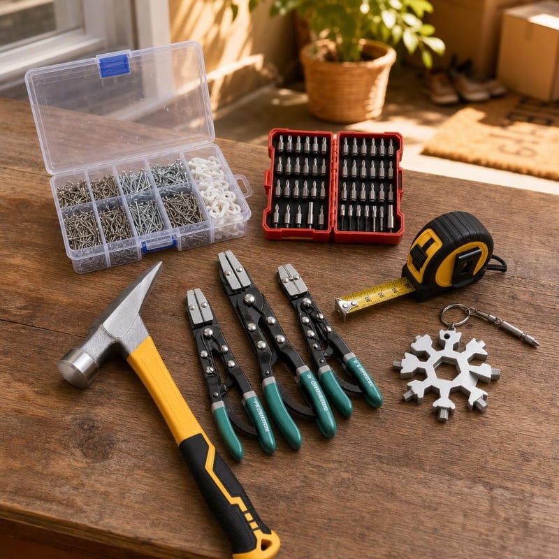 Lakásmentő barkács: multitool + kalapács + 3 db bilincsfogó + mérőszalag + 520 rögzítő + 36 mágnesbit