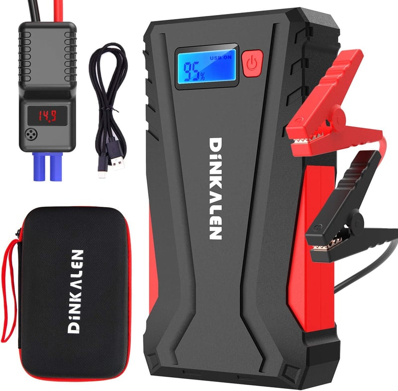 DINKALEN DN100 Hordozható Autós Bikázó 800A, Powerbank Funkcióval, 7.0L Benzin/5.5L Dízel Motorokhoz, LED Lámpával, Fekete-Piros