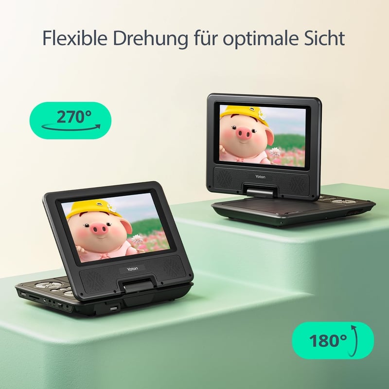 YOTON 9,5" Hordozható DVD Lejátszó Gyerekeknek Autóba, 7,5" HD Forgatható Képernyővel, 6 Órás Akkumulátorral, TV/USB/SD Kártya Támogatással