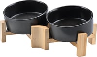 SPUNKYJUNKY 15° Dőlésszögű Kerámia Etetőtál Fa Állvánnyal - 2x400ml Fekete Kutyatál Lapos Arcú Kisállatoknak, Csúszásmentes 1