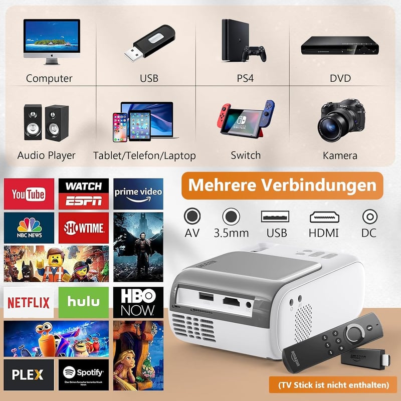 XIWBSY 10000 Lumen Mini Projektor Full HD Támogatással - Hordozható WiFi Bluetooth Házimozi, TV/Xbox/Laptop/Okostelefon Kompatibilis, 180" V
