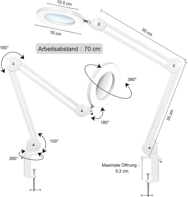 Beyamz LED Nagyítós Lámpa 5x Nagyítással, 125mm Átmérőjű Lencsével, 1100 Lumen, Szabályozható Fényerő, Munkahelyi és Kozmetikai Használatra,