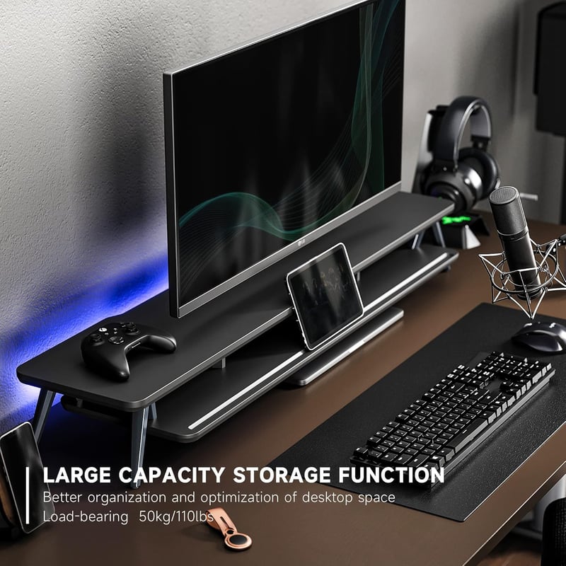 Fenge Dupla Monitortartó Állvány Telefon/Tablet Tartóval, 2 Szintes Nagy Multifunkciós Számítógép Laptop Képernyőemelő, 108x23,5x14,5 cm, Fe