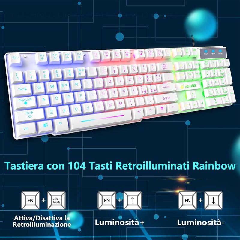 ZIYOU LANG Gamer Billentyűzet és Egér Szett - Fehér, RGB LED Háttérvilágítás, 2400 DPI, Vízálló, 6 Gombos Egér, Egérpad, USB, PS4/Xbox Kompa