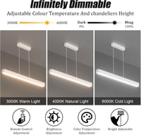Klighten LED Függőlámpa 3000K-6000K, 80cm/24W Távirányítós Étkezőasztal Lámpa, Lineáris Dizájn, 150cm Állítható Magasságú Csillár Nappaliba, 3