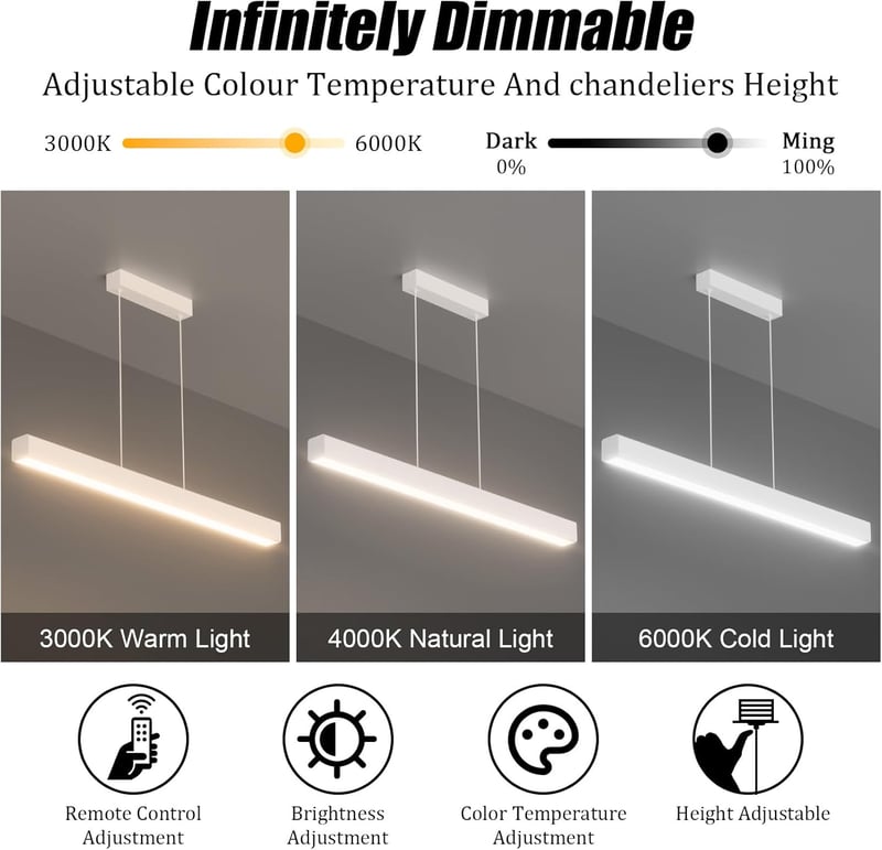 Klighten LED Függőlámpa 3000K-6000K, 80cm/24W Távirányítós Étkezőasztal Lámpa, Lineáris Dizájn, 150cm Állítható Magasságú Csillár Nappaliba,