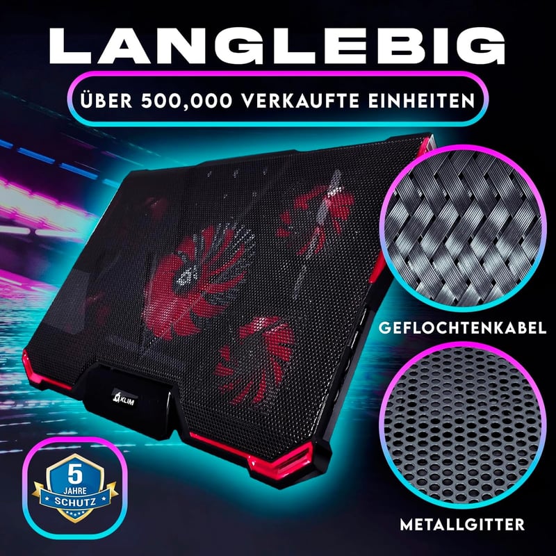 KLIM Cyclone Laptop Hűtő és Állvány - 5 Ventilátoros Hűtőpad Túlmelegedés Ellen - Kompatibilis PC, PS4, Xbox One Készülékekkel - Piros - red