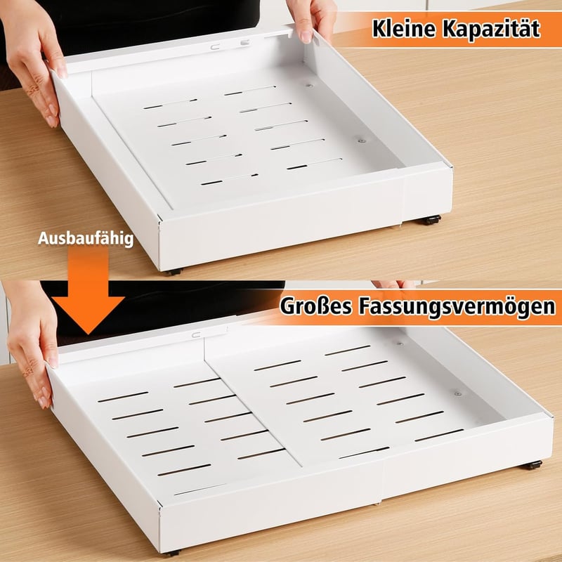 NAYAHOSE Teleszkópos Fiók - Kihúzható Szekrényrendező 32-48 cm, Szénacél Tárolópolc, Puha Csúszású Kosár Konyhai Szekrényekhez, Fehér