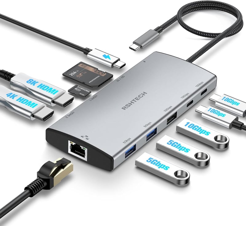 RSHTECH 11 az 1-ben MacBook Dokkoló - 8K/4K HDMI, USB 3.2/3.0, 100W PD, SD/TF, Gigabit Ethernet - Két Monitoros USB-C Hub Windows/Linux/Mac 