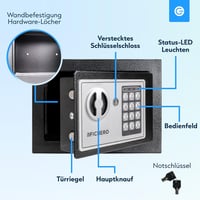 Silvergear Elektronikus Széf Otthonra - 3-8 Számjegyű Kóddal, 2 Kulccsal, Tűzálló Acél Páncélszekrény Pénz és Ékszer Biztonságos Tárolására, 7