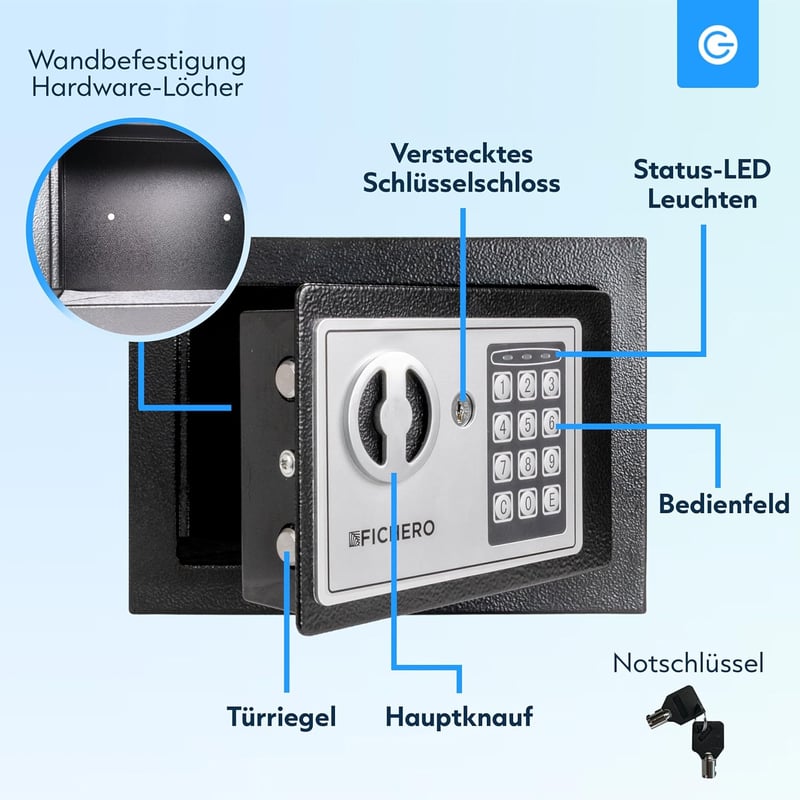 Silvergear Elektronikus Széf Otthonra - 3-8 Számjegyű Kóddal, 2 Kulccsal, Tűzálló Acél Páncélszekrény Pénz és Ékszer Biztonságos Tárolására,