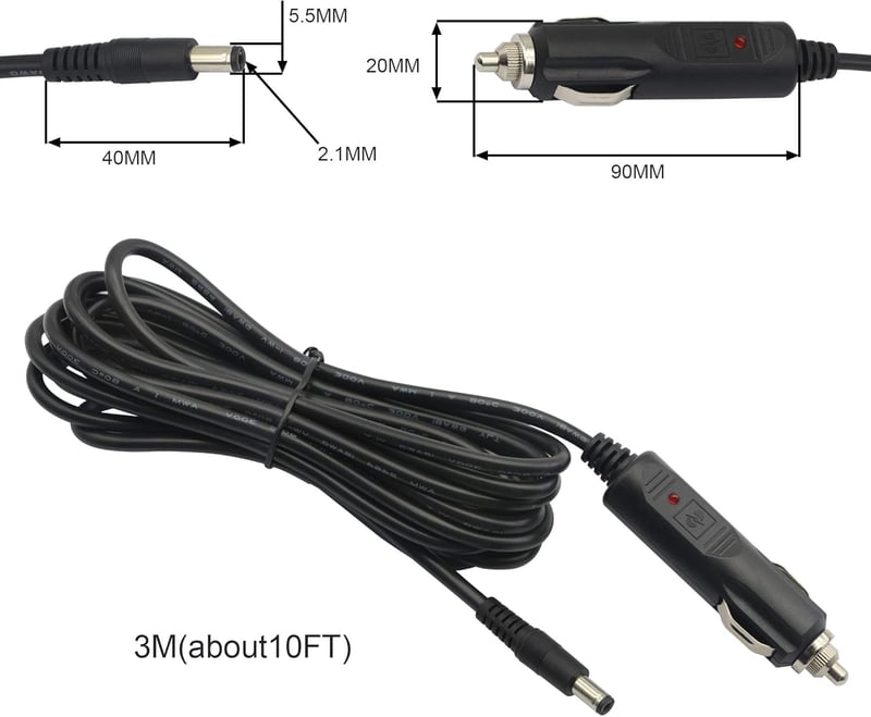 GINTOOYUN 12V-24V Szivargyújtó Hosszabbító Kábel LED Jelzéssel - 3m Autós Tápkábel 5.5x2.1mm DC Csatlakozóval, 10A Biztosítékkal