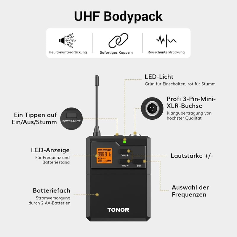 TONOR UHF Vezeték Nélküli Mikrofon Szett - Dupla Fejpántos és Csíptetős Mikrofonnal, 60m Hatótáv, 5 Frekvencia, 6.35mm Csatlakozó