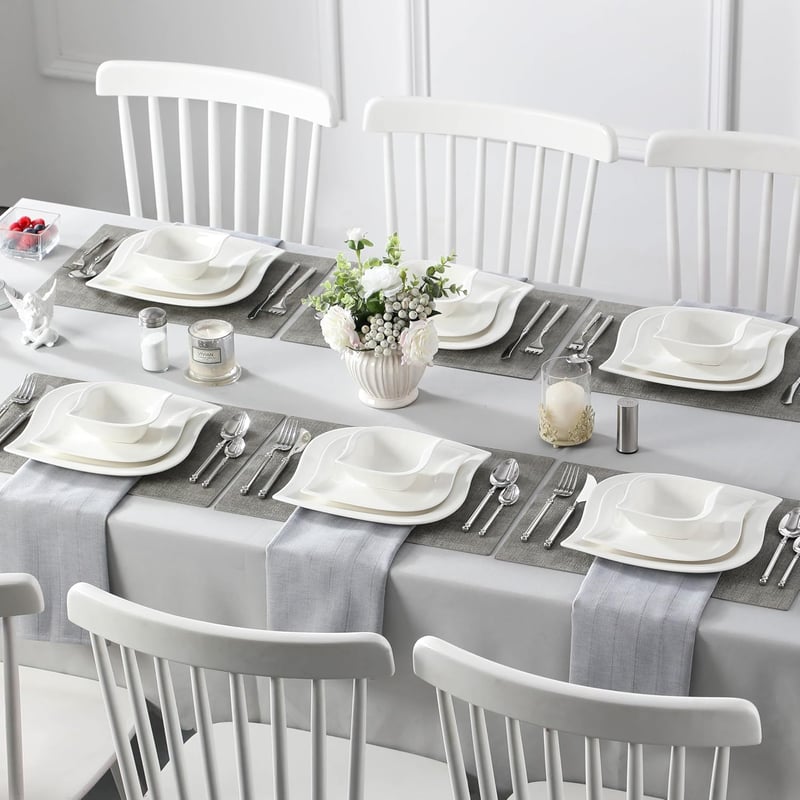 MALACASA Elvira 18 részes modern porcelán étkészlet 6 személyre - krémfehér tányérkészlet főétkezéshez, desszerthez és müzlihez, mosogatógép