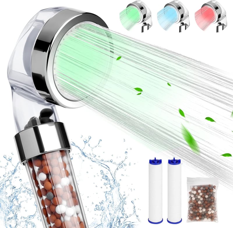 LED-es víztakarékos zuhanyfej, 2 szűrőmód, 3 színváltozat, univerzális méret