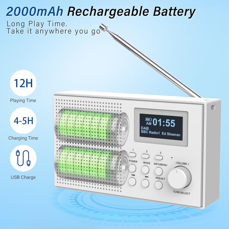MONODEAL DAB+ rádió Bluetooth-szal, ébresztővel és LCD kijelzővel - Tölthető konyhai kisrádió
