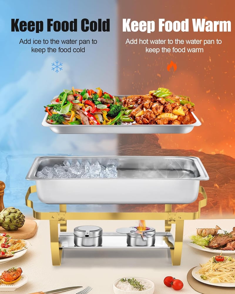 WENMILY 9L Rozsdamentes Acél Ételmelegítő Szett - 2 db Arany Színű Négyzetes Chafing Dish Tálalóedény Gördülő Peremmel, Partikra és Büféaszt