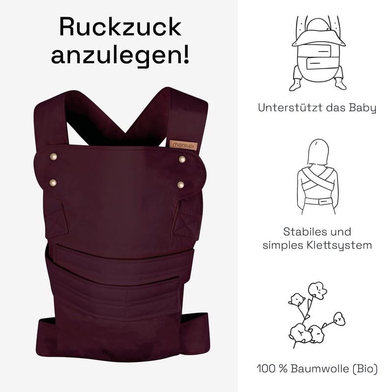 marsupi Babahordozó - Újszülötteknek Születéstől 15 kg-ig - Tépőzáras Rögzítés - Könnyű és Kompakt Kialakítás - 100% Pamut - Classic/Berry S