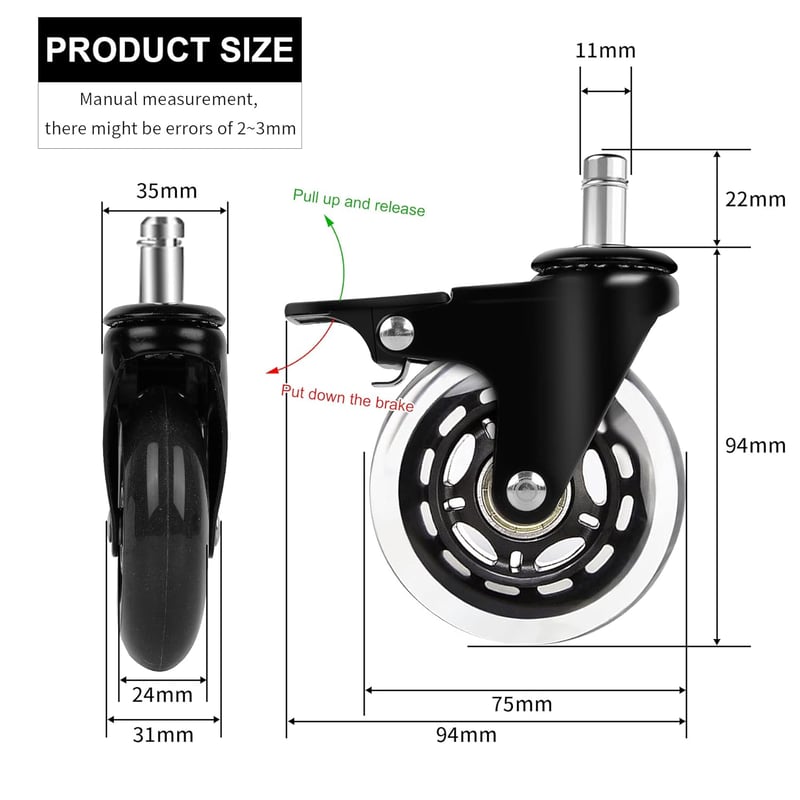 YAOBLUESEA Irodai Szék Görgők 5db - 11x22mm Univerzális Csendes Padlóvédő Kerekek 75mm - Parketta, Laminált Padló Kompatibilis Forgószék Alk