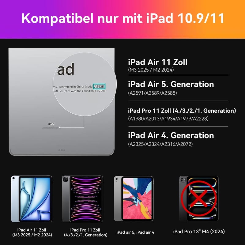 HOU iPad Air 11 (M3 2025/M2 2024)/Air 5/Air 4 Bluetooth Billentyűzetes Tok, iPad Pro 11 Kompatibilis, 7 Színű RGB Háttérvilágítás, Touchpad,