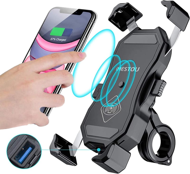 iMESTOU 15W Qi vezeték nélküli telefontartó motorkerékpárra, USB gyorstöltővel, 3,5-6,8" telefonokhoz