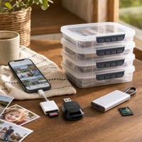 Balík na zálohovanie spomienok: 1x čítačka microSD + 1x adaptér iPhone SD + 1x M.2 SSD box + 4x box 1