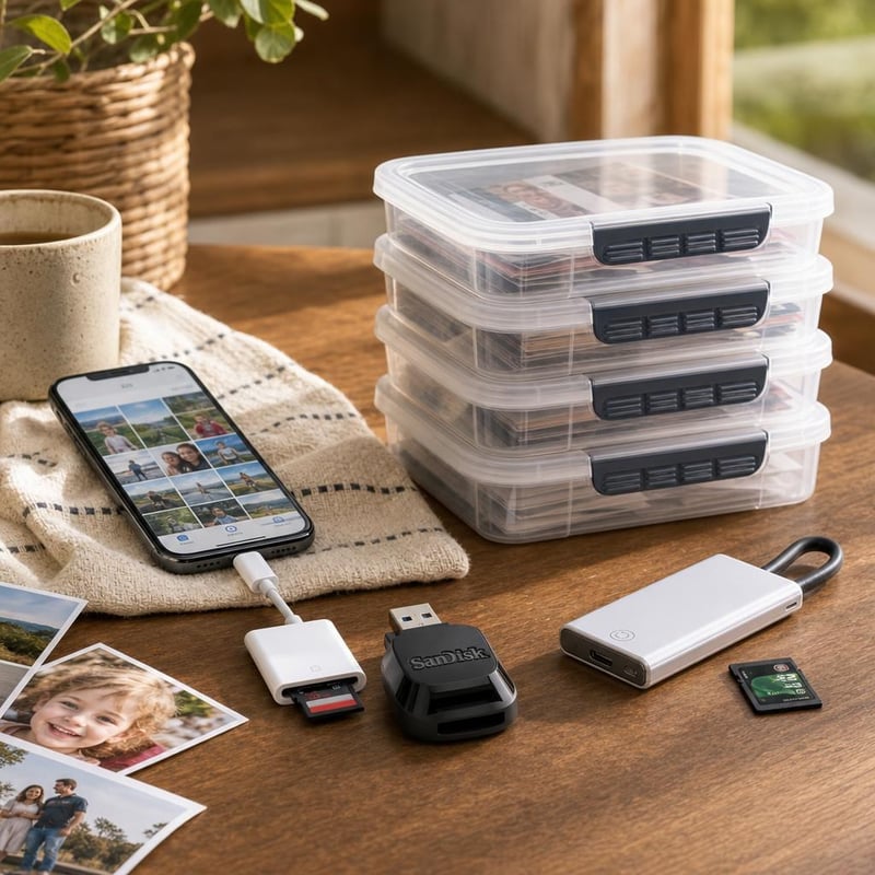 Balík na zálohovanie spomienok: 1x čítačka microSD + 1x adaptér iPhone SD + 1x M.2 SSD box + 4x box