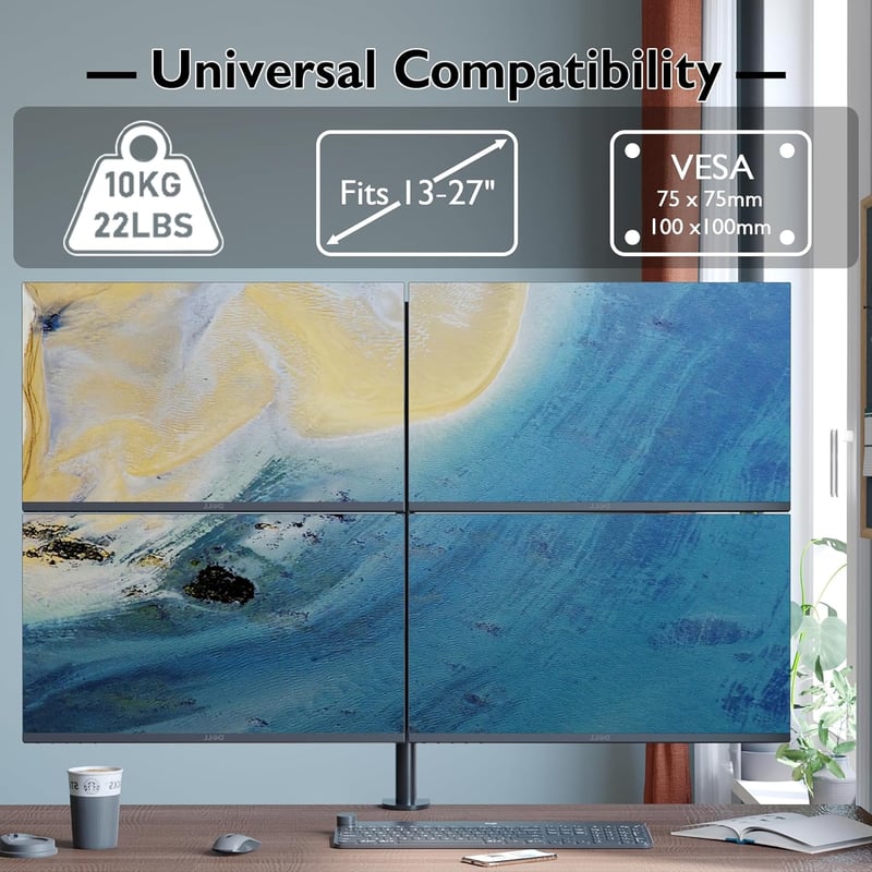 BONTEC 13-27" Monitor Asztali Tartó - 4 LED/LCD Monitoros Állvány, 180° Dönthető, 360° Forgatható, Állítható Magasság, 10kg Teherbírás Monitoronként