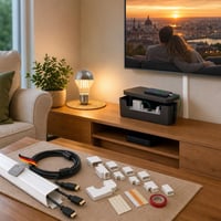 Pachet organizare cabluri TV: 5m cablu HDMI + 4m canal cablu + cutie organizator + bec LED 1
