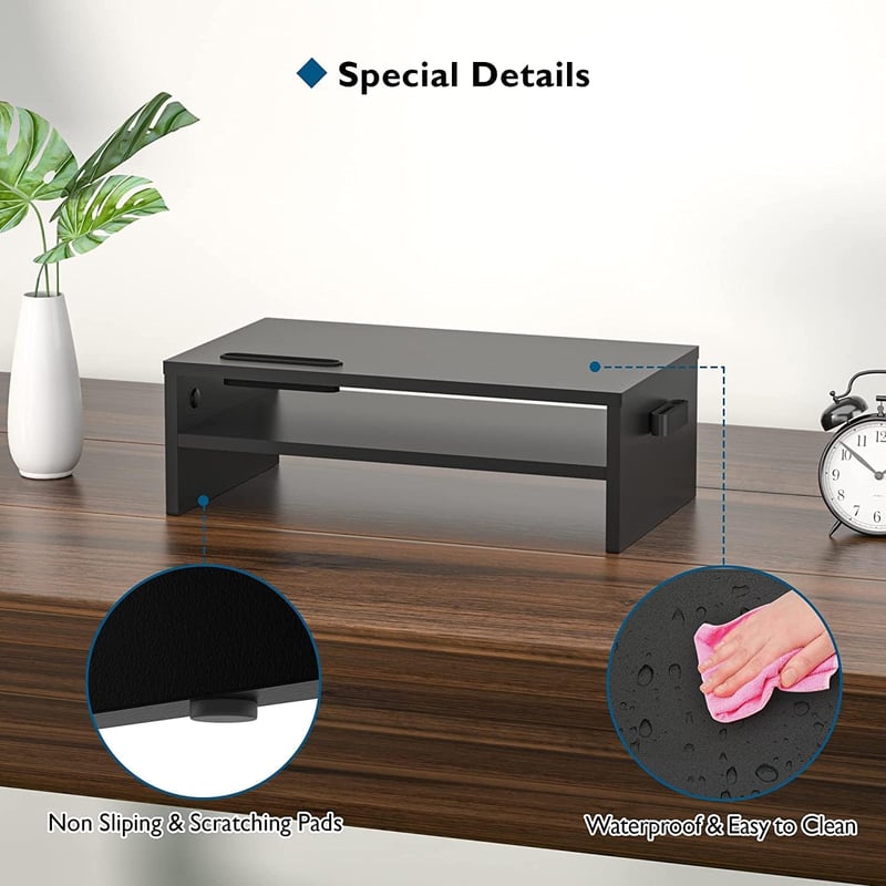 BONTEC Fa Monitorállvány 2 Szintes Kábelrendezővel, Fekete - PC, iMac Kompatibilis