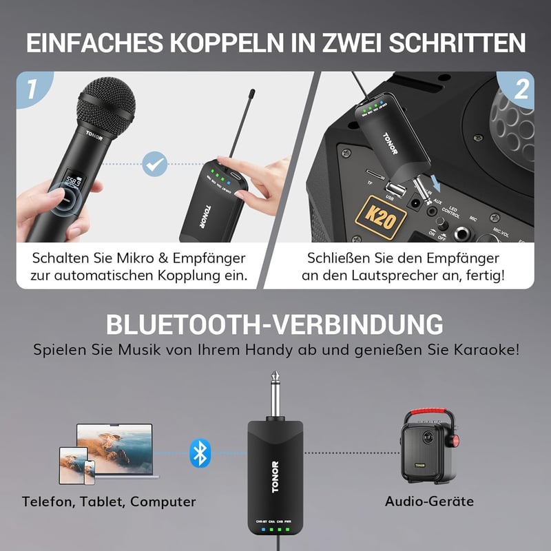 TONOR TW720 Bluetooth Vezeték Nélküli Mikrofon Szett - UHF Fém Újratölthető Mikrofonok (2db) 7-9 óra üzemidő