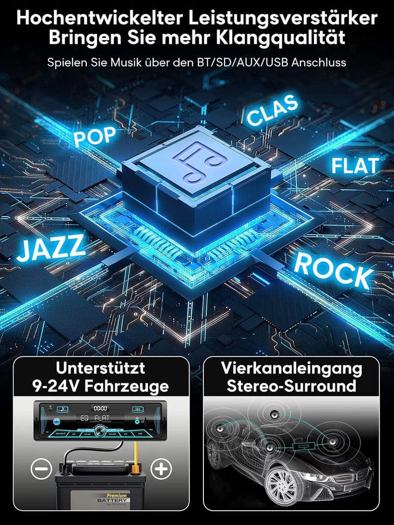 CAR Bluetooth autórádió 7 színű LCD kijelzővel, 4x65W, FM/AM/USB/AUX