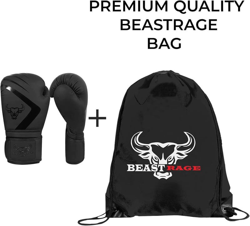 BEAST RAGE Bokszkesztyű 10 oz - Fekete Műbőr Edzőkesztyű MMA, Muay Thai, Kickbox Edzéshez - Unisex Sparring Kesztyű Extra Csuklóvédelemmel