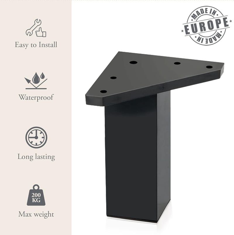 Kukicu Bútorlábak - 8 db Fekete Négyzet Profilú (40x40 mm) Bútorláb Szett - 8 cm Magas - Csavarokkal - Modern Stílusú - 200 kg Teherbírás