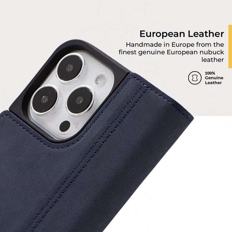iPhone 15 Pro Max Tengerészkék Bőr Pénztárcatáska Kártyatartóval és Állvánnyal