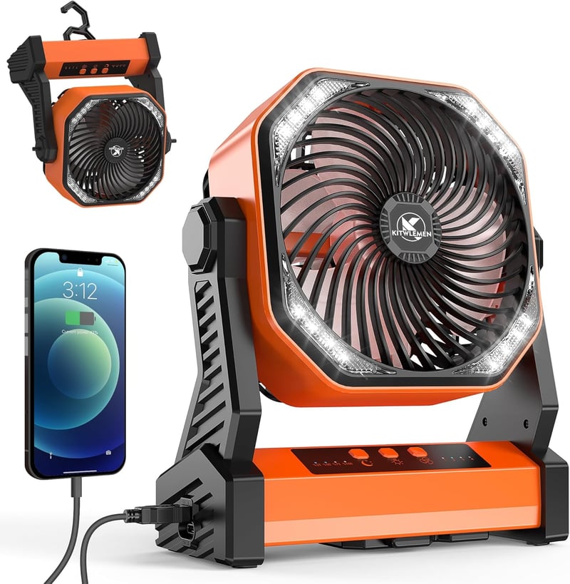 KITWLEMEN LED-es Kemping Ventilátor 20000mAh, 270° Forgatható, 4 Sebességes, USB