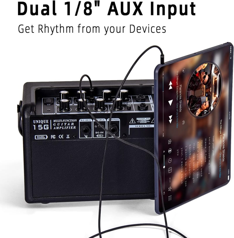 Coolmusic 15G Hordozható Bluetooth Gitárerősítő - 15W, Kétcsatornás, Elektromos és Akusztikus Gitárhoz, Torzítás és Reverb Effektekkel, Újra