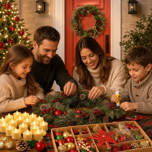 Set Advent Magic: Coroniță 60 cm + 24 lumânări LED + 73 globuri + baton lipici