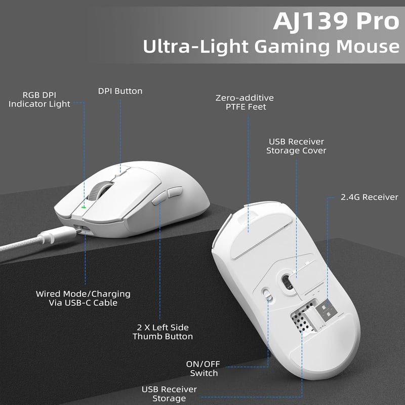 AJ139 G PRO Fehér Vezeték Nélküli Gamer Egér, 59g, 26K DPI, 7 Programozható Gomb