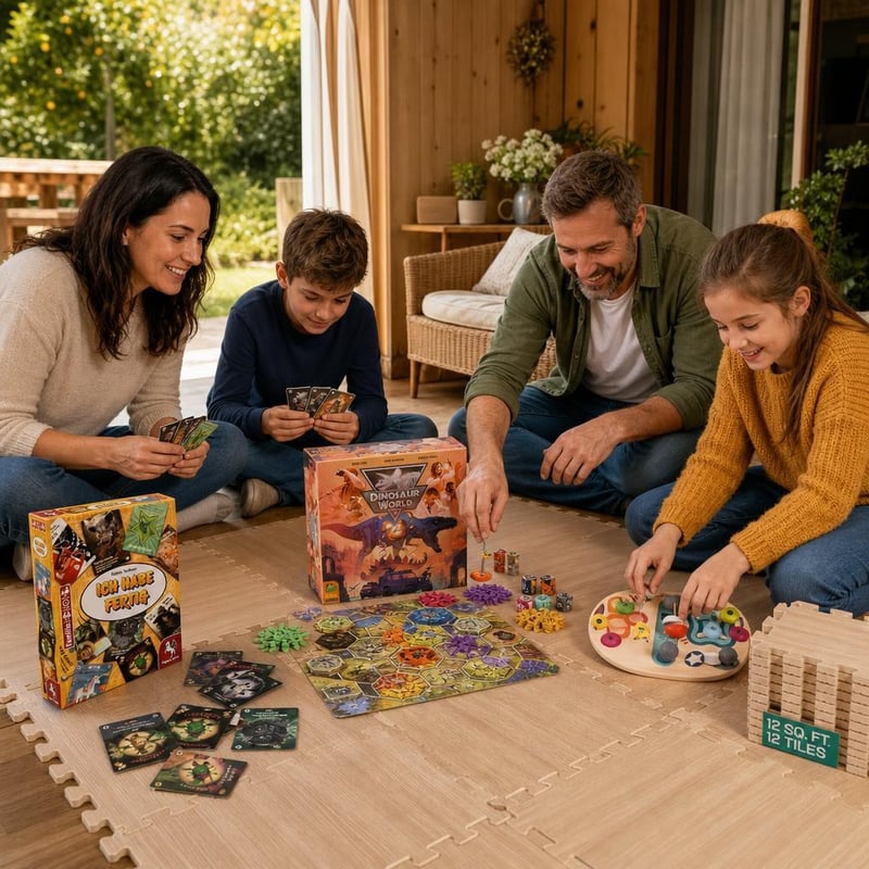 Játékest-kavalkád: kártyajáték + dinoszaurusz társasjáték + ügyességi tábla + 12 db puzzle szőnyeg