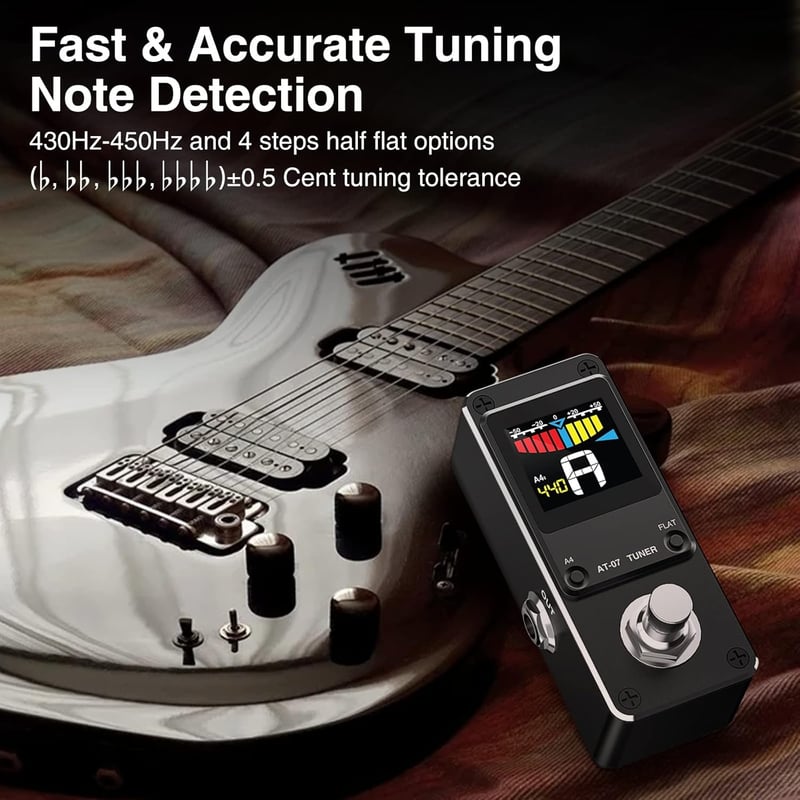 LEKATO AT-07 Kromatikus Hangoló Pedál Gitárhoz és Basszushoz - LCD Kijelzős Mini Pedál Kétféle Üzemmóddal, Hangmagasság Kalibrációval