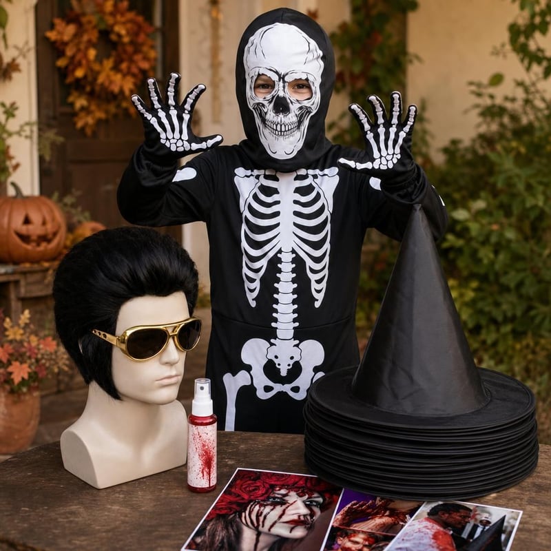 Halloweensky set: svietiaci kostým + parochňa s okuliarmi + 60ml umelá krv + 10x čarodejnícky klobúk
