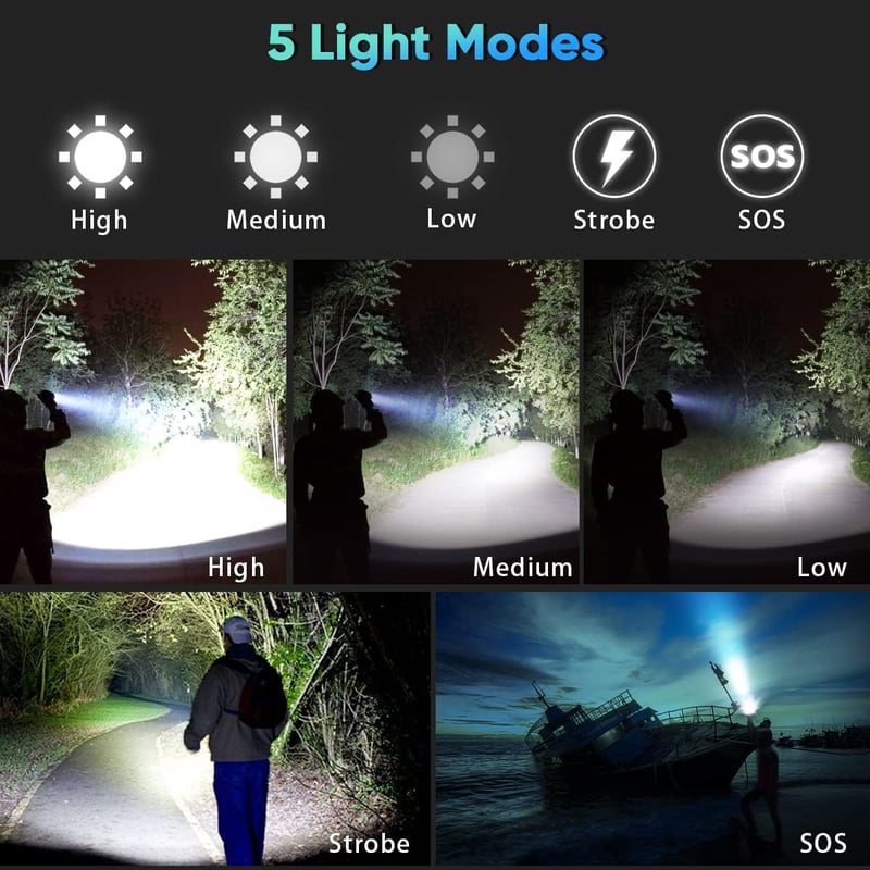 XHP90 LED zseblámpa, 90000 lumen, USB tölthető, vízálló, 5 üzemmód, 4800mAh akku