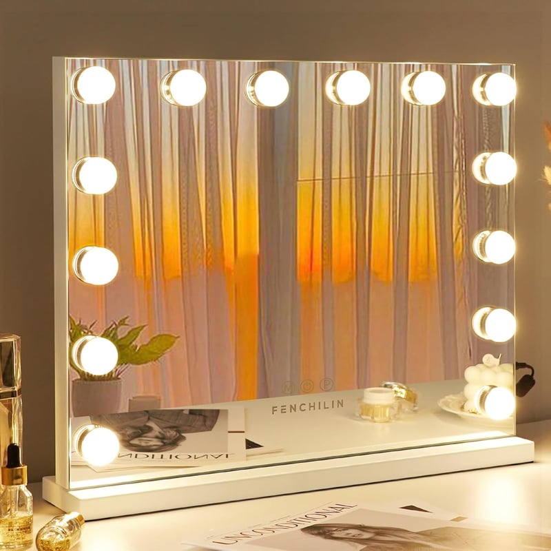 FENCHILIN Hollywood Sminktükör 14 LED Lámpával, Fehér, 50x42 cm